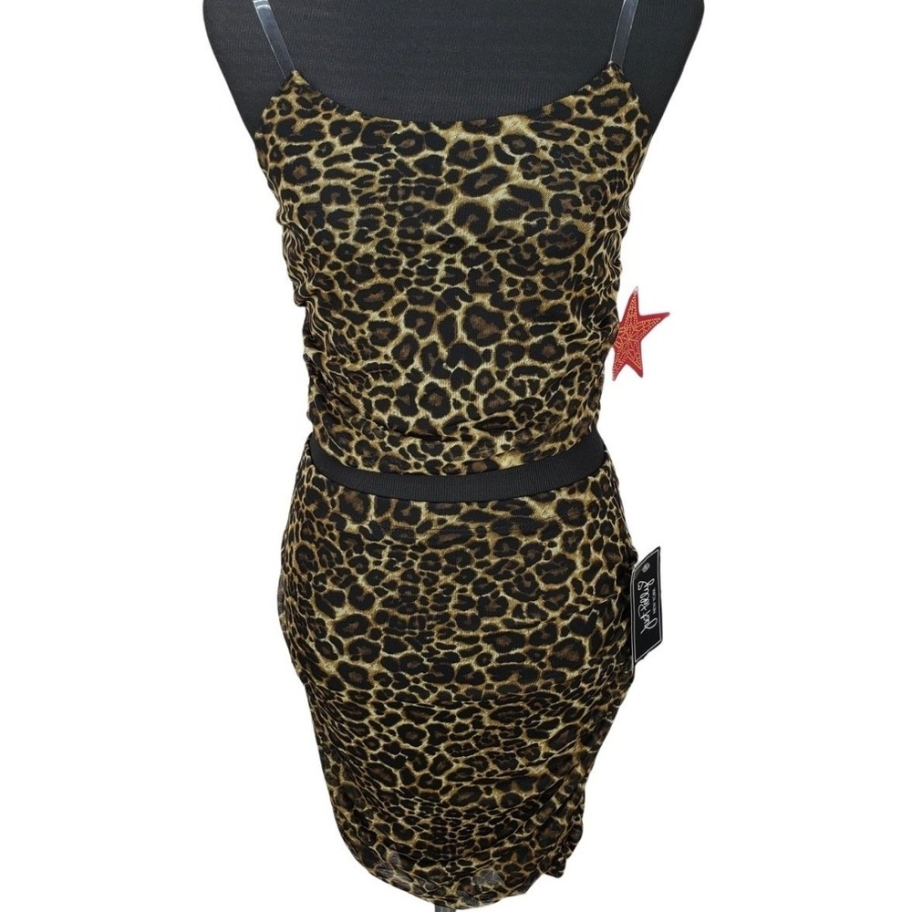 Just Polly New York Leopard Print Mesh 2 Piece Set Top Skirt JX10540 Large